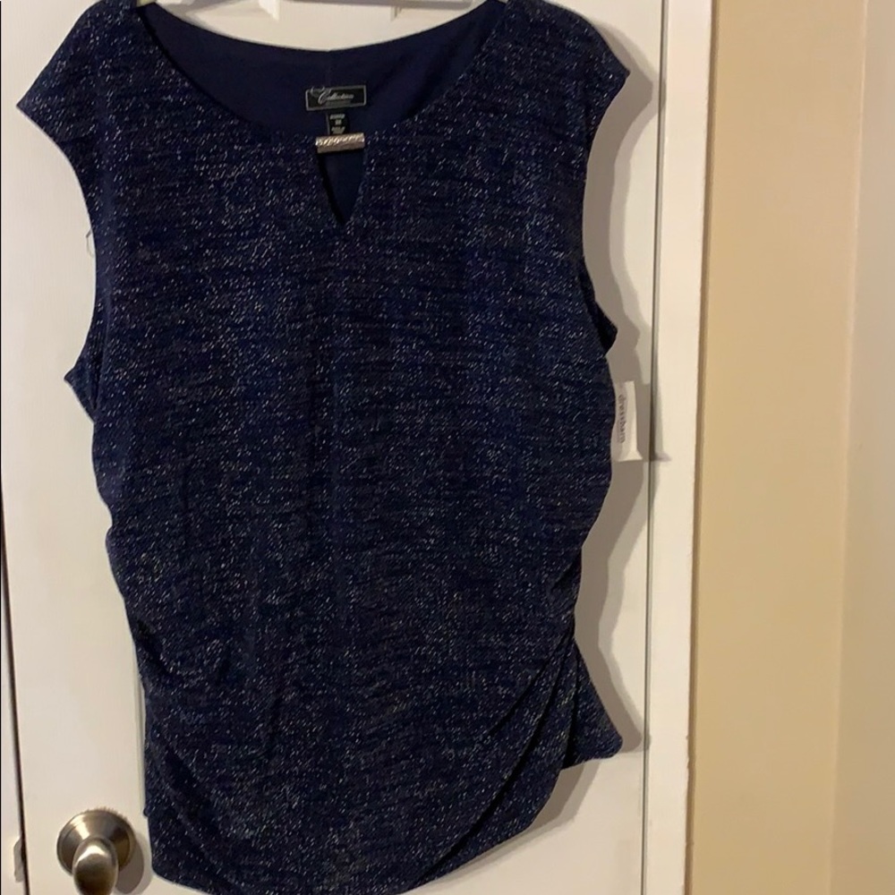 NWT Festive Navy and silver metallic top with side ruching in 3X
